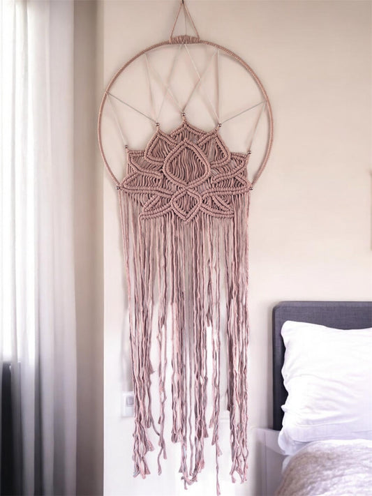 Macramé Lotus Wall Hanging | Large Dusty Rose Boho Wall Art on Covered Silver Ring