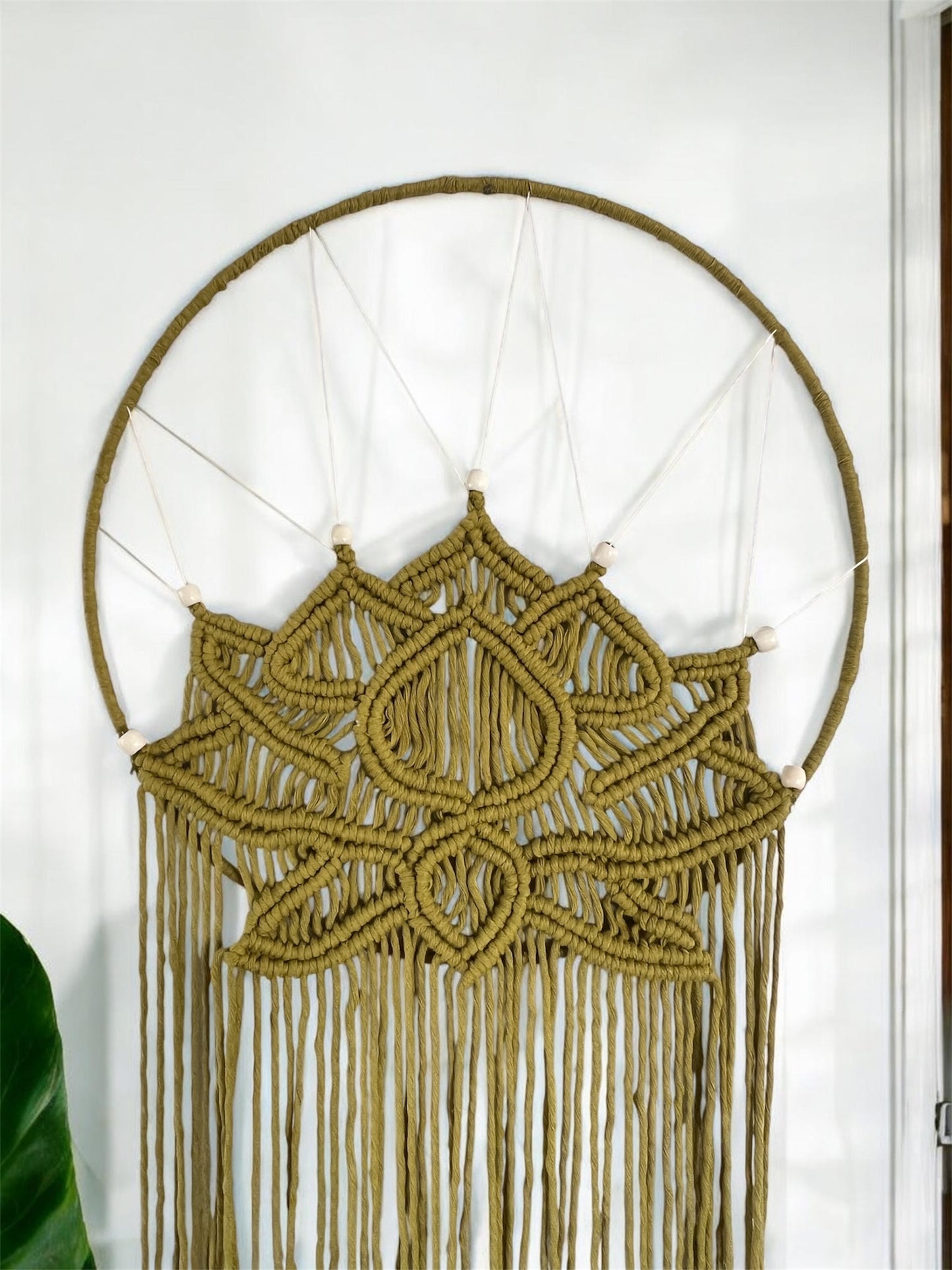 Macramé Lotus Wall Hanging | Large Olive Green Boho Wall Art on Silver Ring