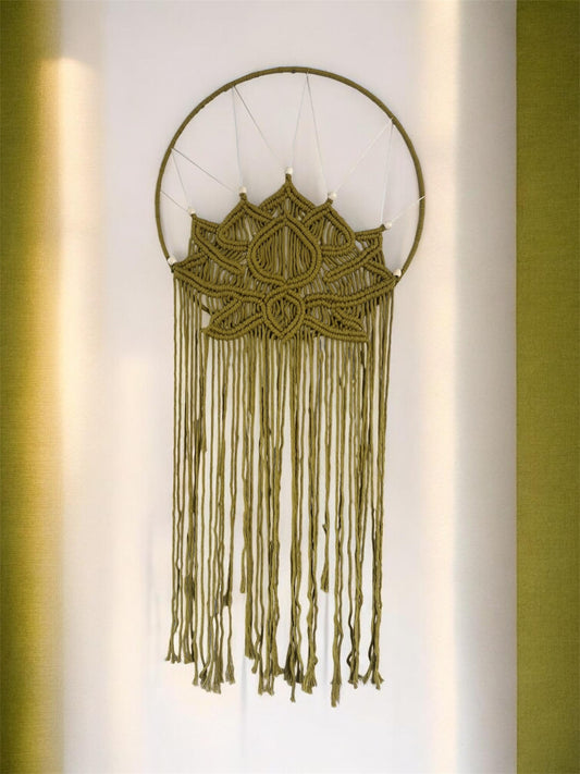 Macramé Lotus Wall Hanging | Large Olive Green Boho Wall Art on Silver Ring