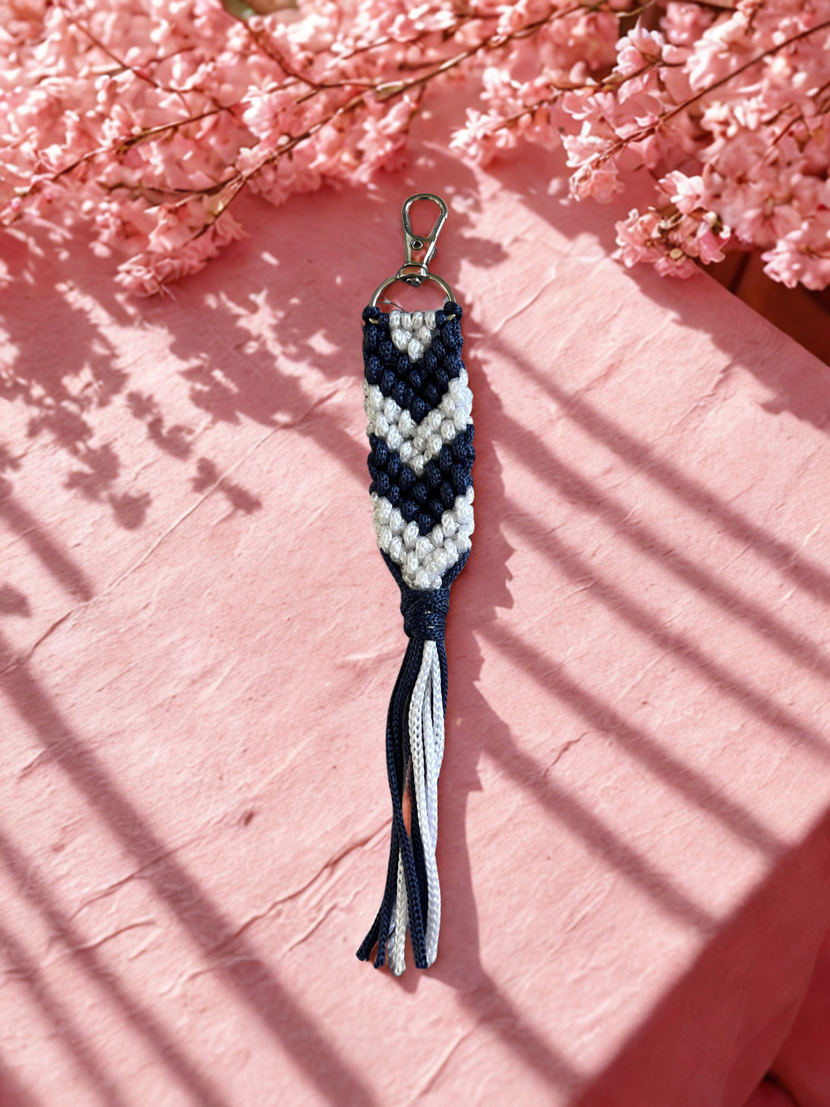 Macrame Arrow Keyring | Navy & White | Handcrafted Boho Bag Charm