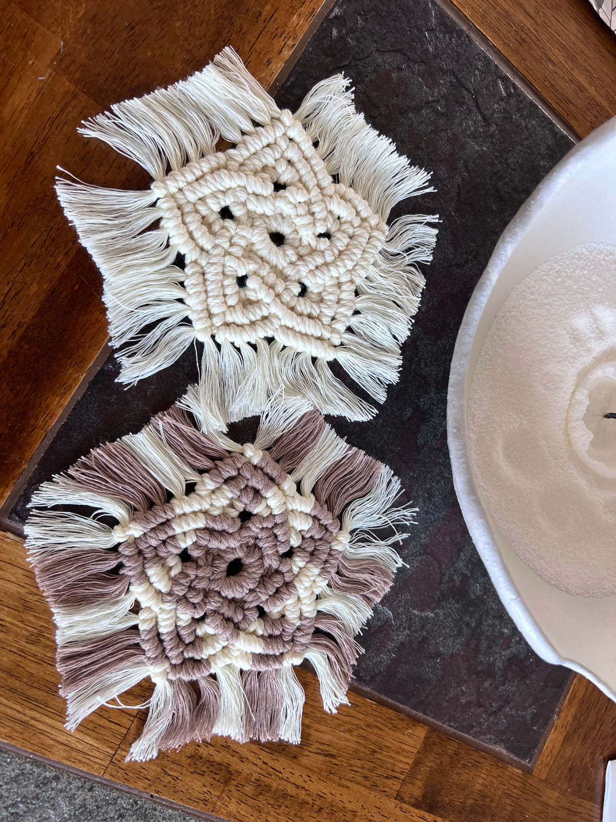 Macrame Boho Coaster Set | Cream & Mushroom Brown | Handcrafted Recycled Cotton