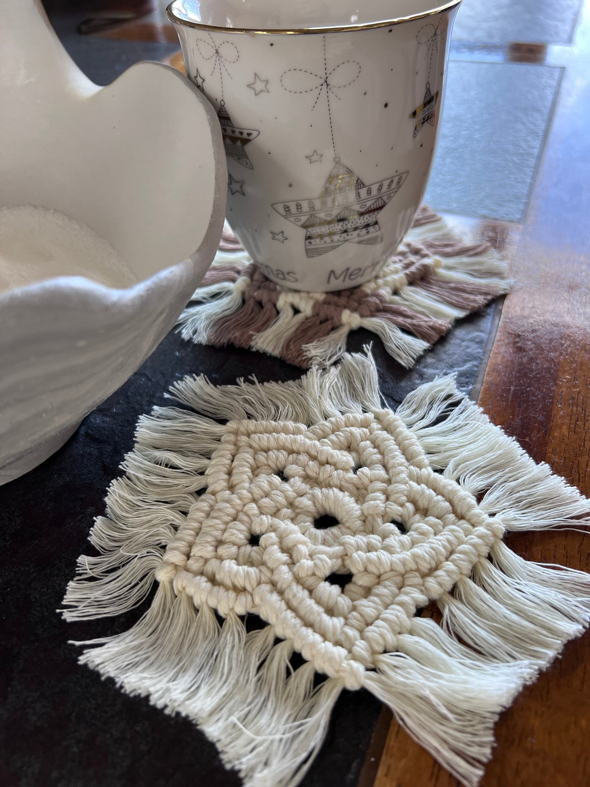 Macrame Boho Coaster Set | Cream & Mushroom Brown | Handcrafted Recycled Cotton