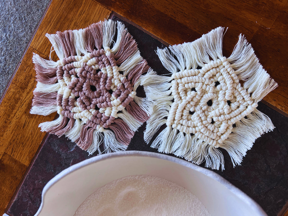 Macrame Boho Coaster Set | Cream & Mushroom Brown | Handcrafted Recycled Cotton