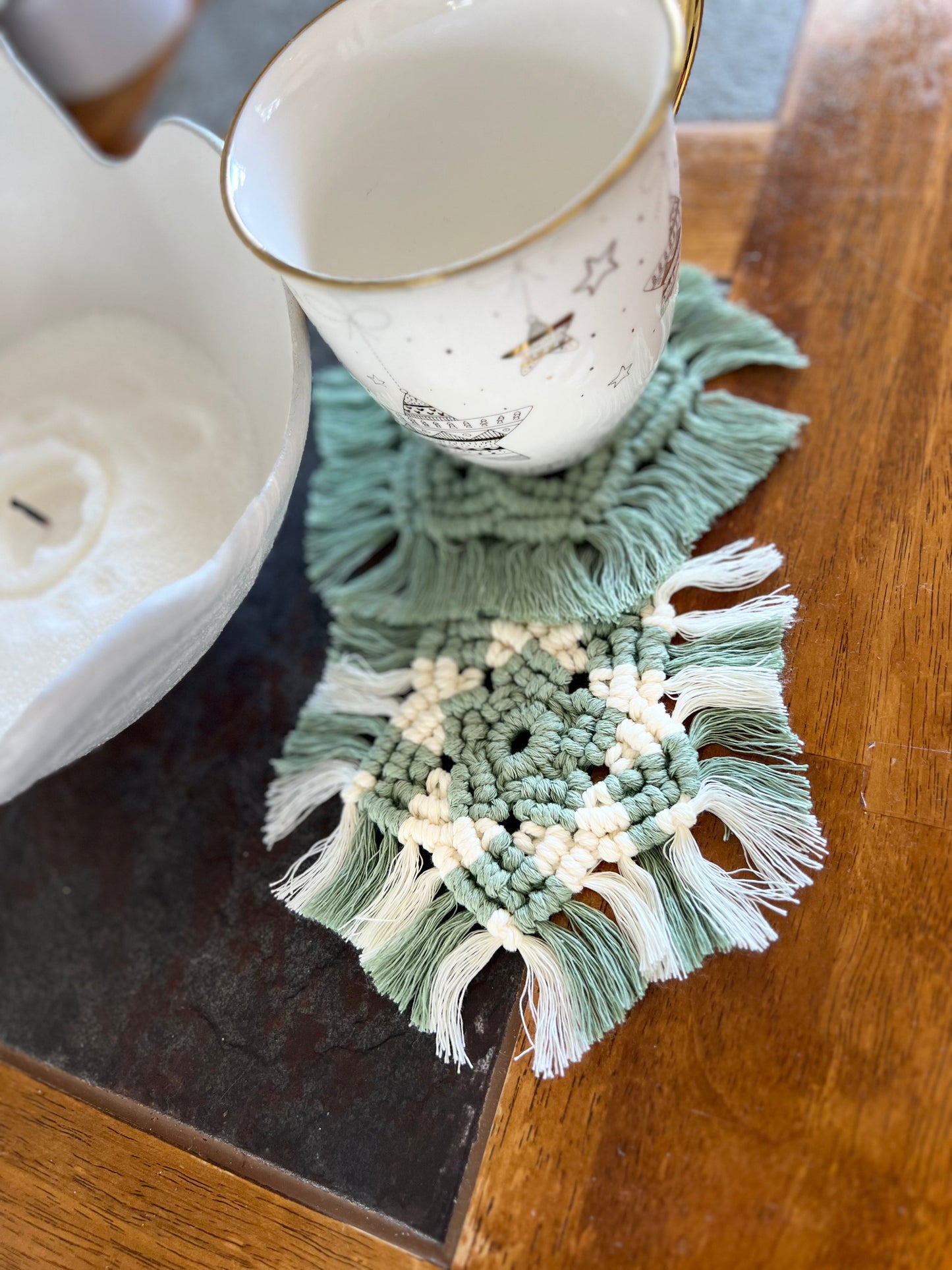 Sage Green Macramé Coasters – Set of 2 | Recycled Luxury String