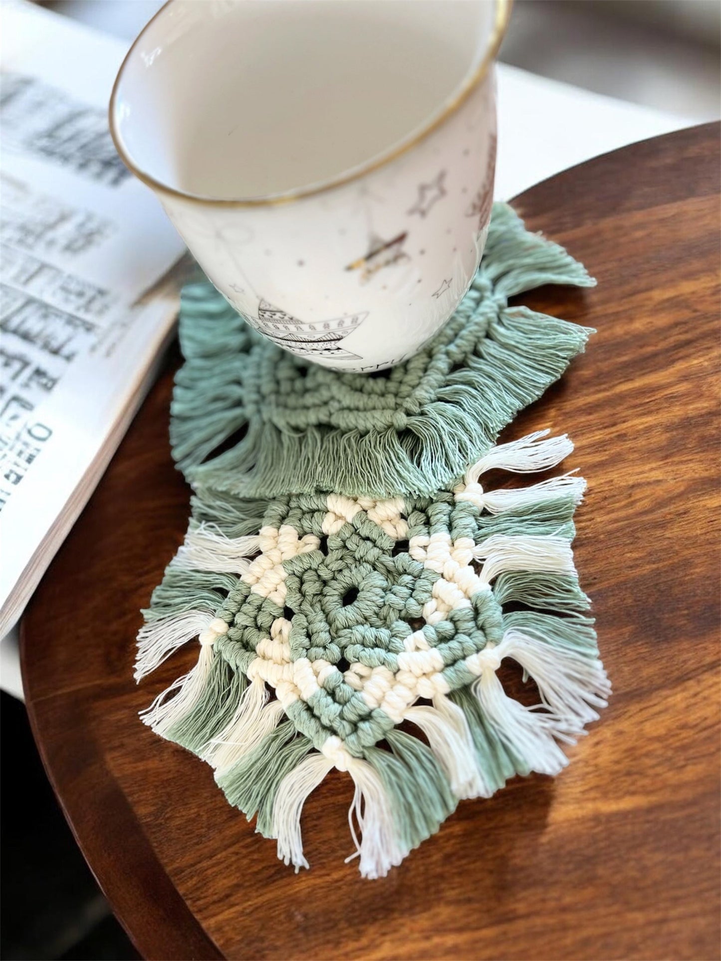 Sage Green Macramé Coasters – Set of 2 | Recycled Luxury String