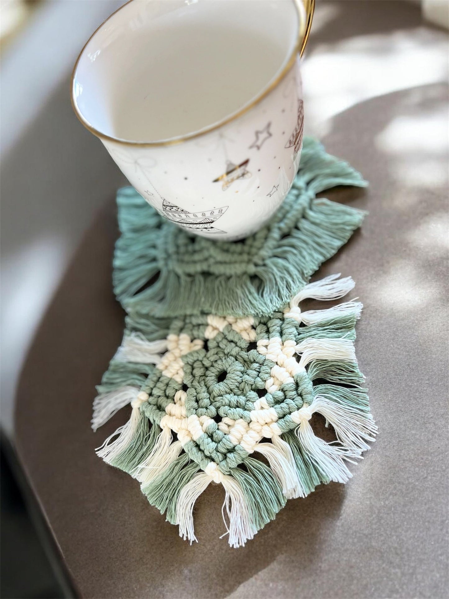 Sage Green Macramé Coasters – Set of 2 | Recycled Luxury String