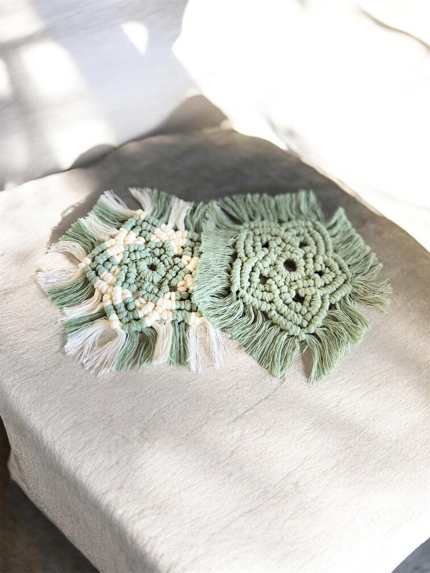 Sage Green Macramé Coasters – Set of 2 | Recycled Luxury String