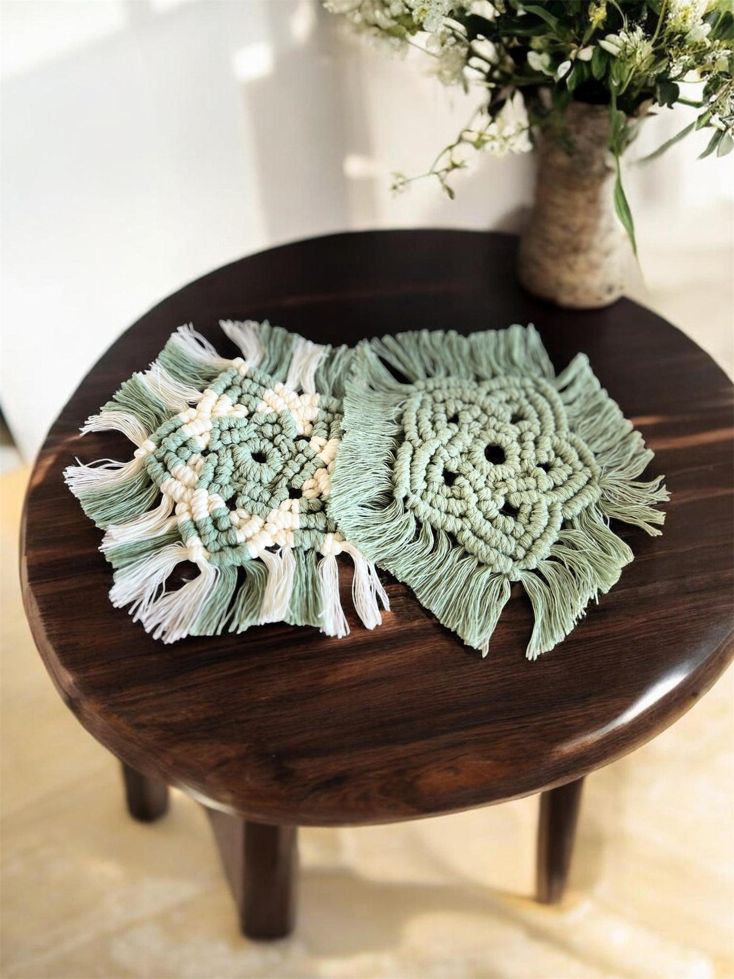 Sage Green Macramé Coasters – Set of 2 | Recycled Luxury String