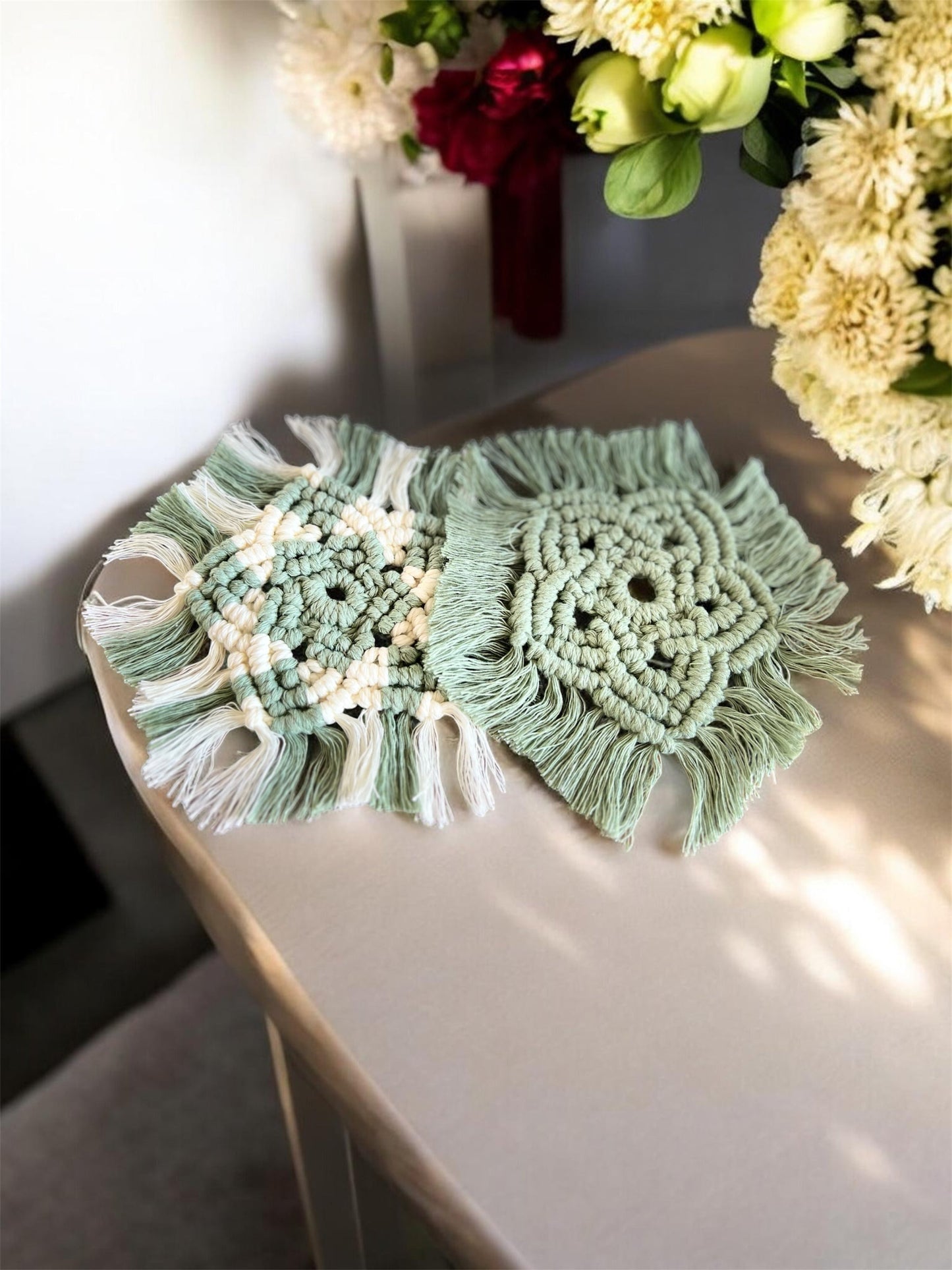 Sage Green Macramé Coasters – Set of 2 | Recycled Luxury String
