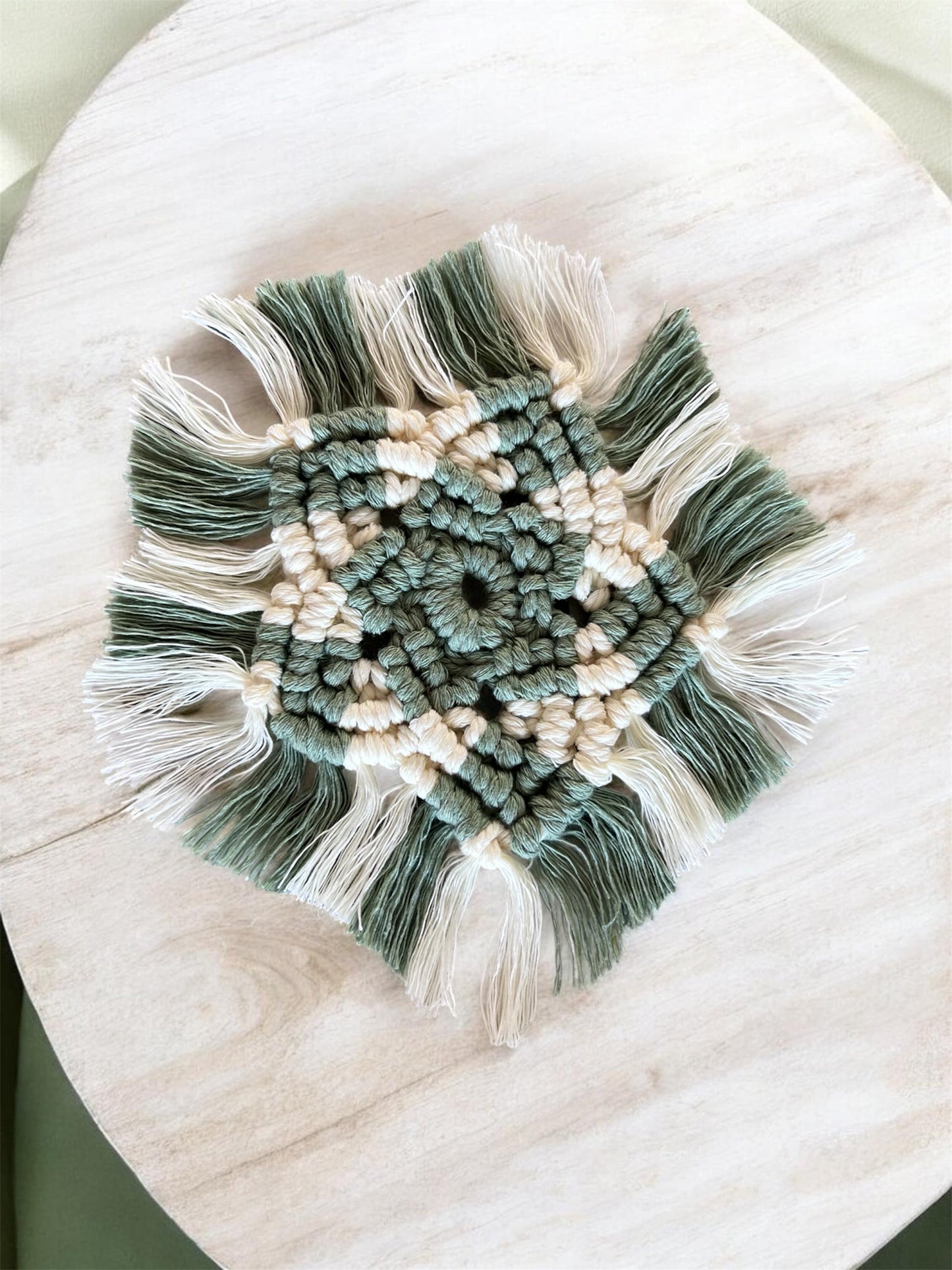 Sage Green Macramé Coasters – Set of 2 | Recycled Luxury String