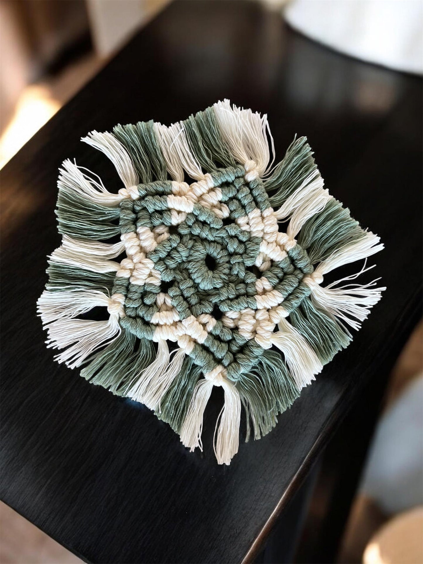 Sage Green Macramé Coasters – Set of 2 | Recycled Luxury String