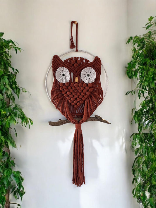 Macrame Owl Wall Hanging | Recycled Lux String & Natural Beads