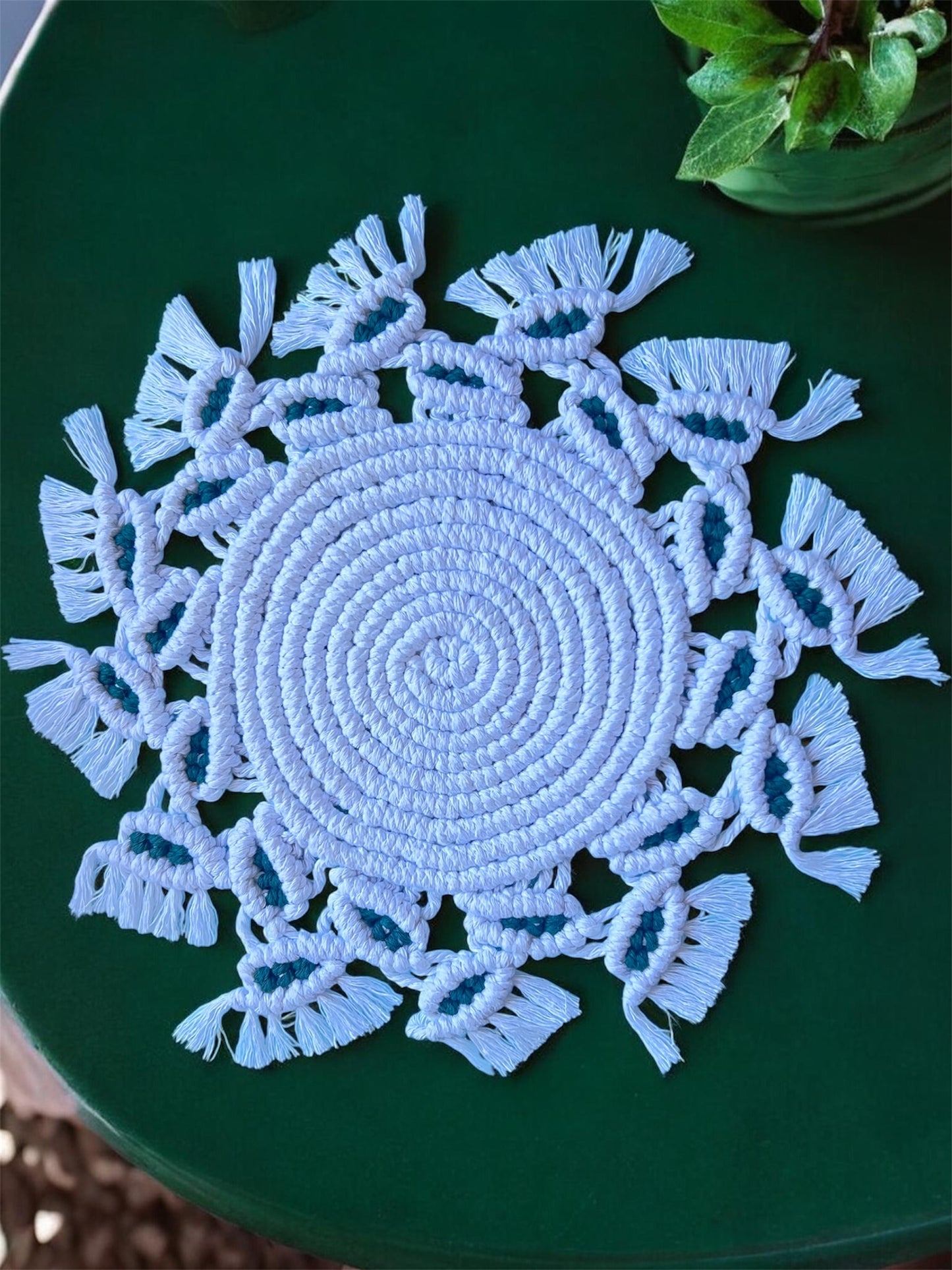 Handmade Macramé Tassel Placemat | White & Forest Green Cotton