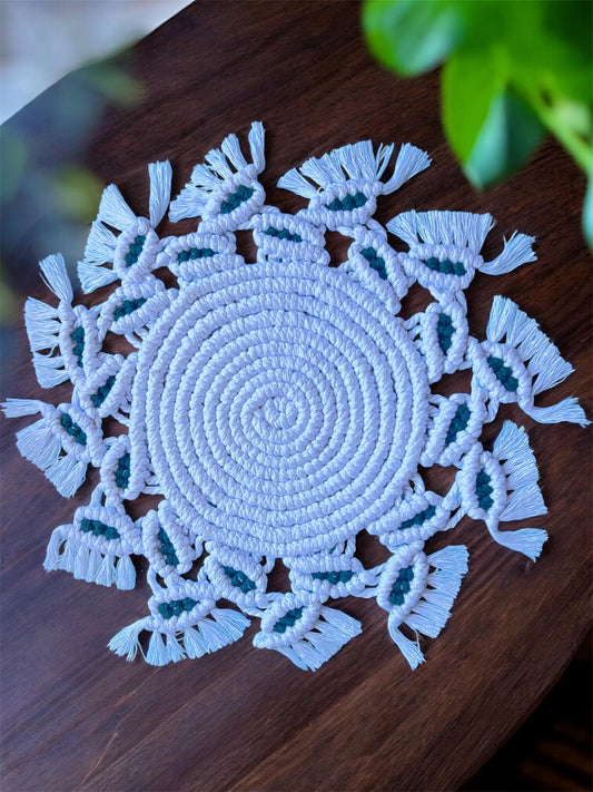 Handmade Macramé Tassel Placemat | White & Forest Green Cotton
