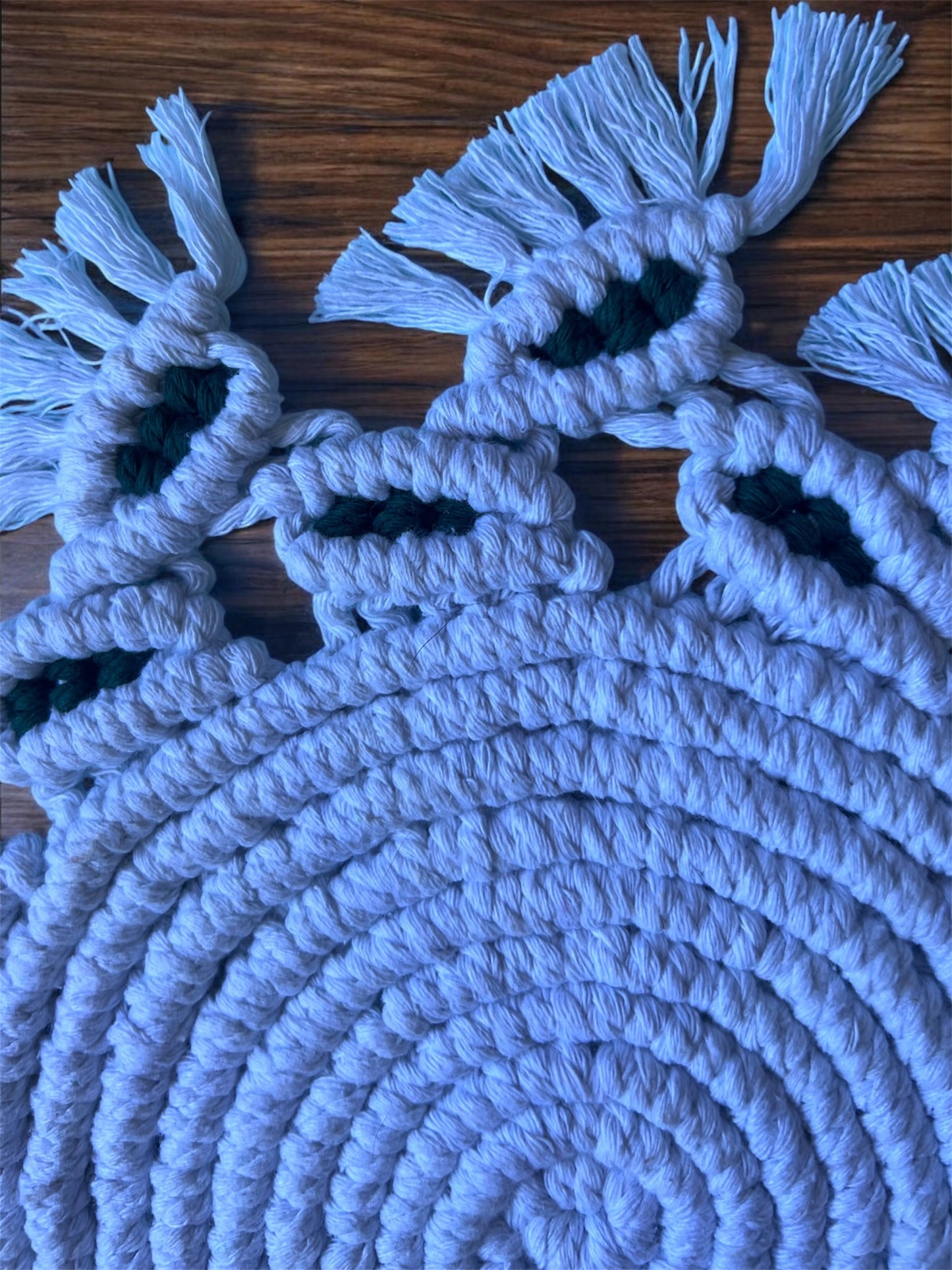 Handmade Macramé Tassel Placemat | White & Forest Green Cotton