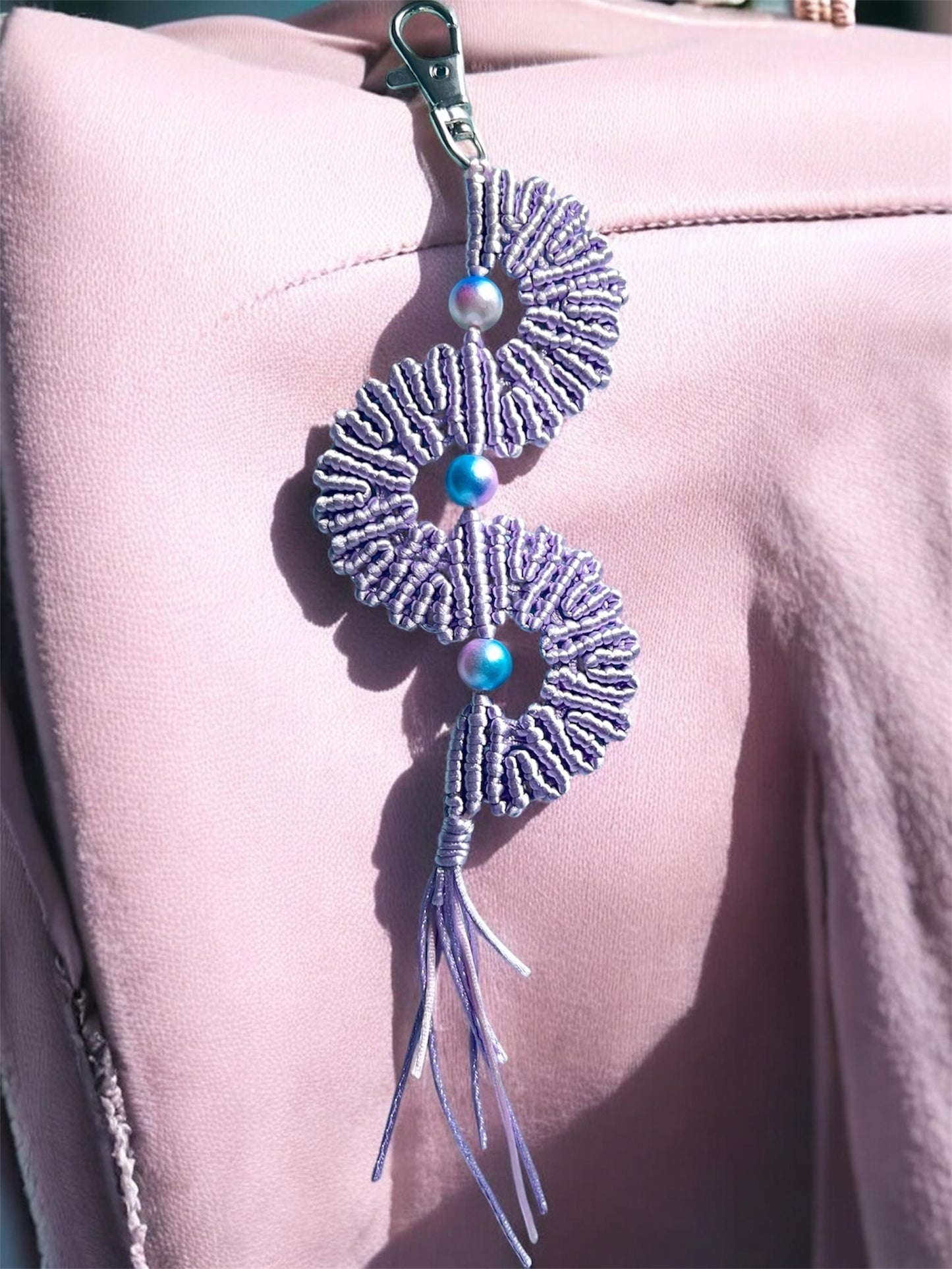 Lilac Macramé Fan Key Ring | Handmade Bag Charm with Iridescent Beads