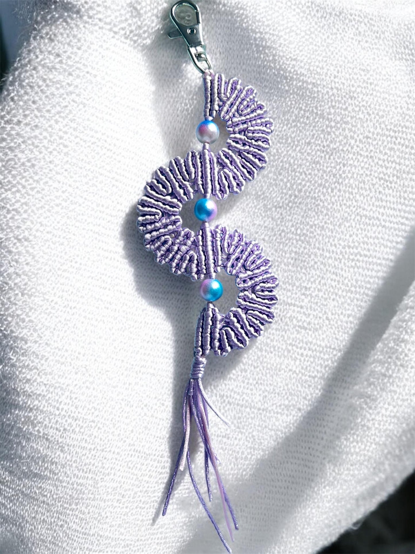 Lilac Macramé Fan Key Ring | Handmade Bag Charm with Iridescent Beads
