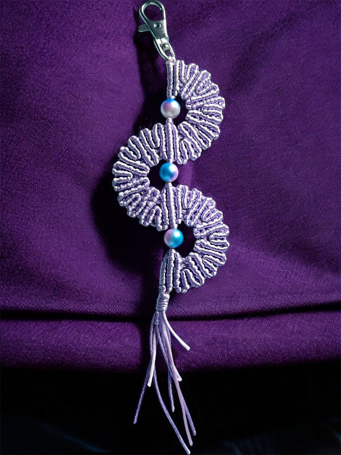 Lilac Macramé Fan Key Ring | Handmade Bag Charm with Iridescent Beads