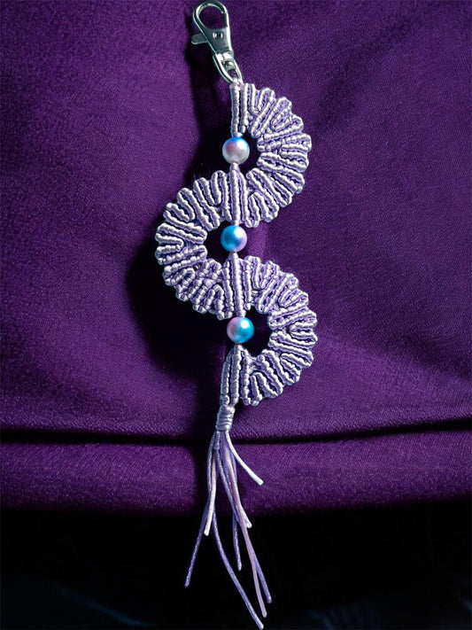 Lilac Macramé Fan Key Ring | Handmade Bag Charm with Iridescent Beads