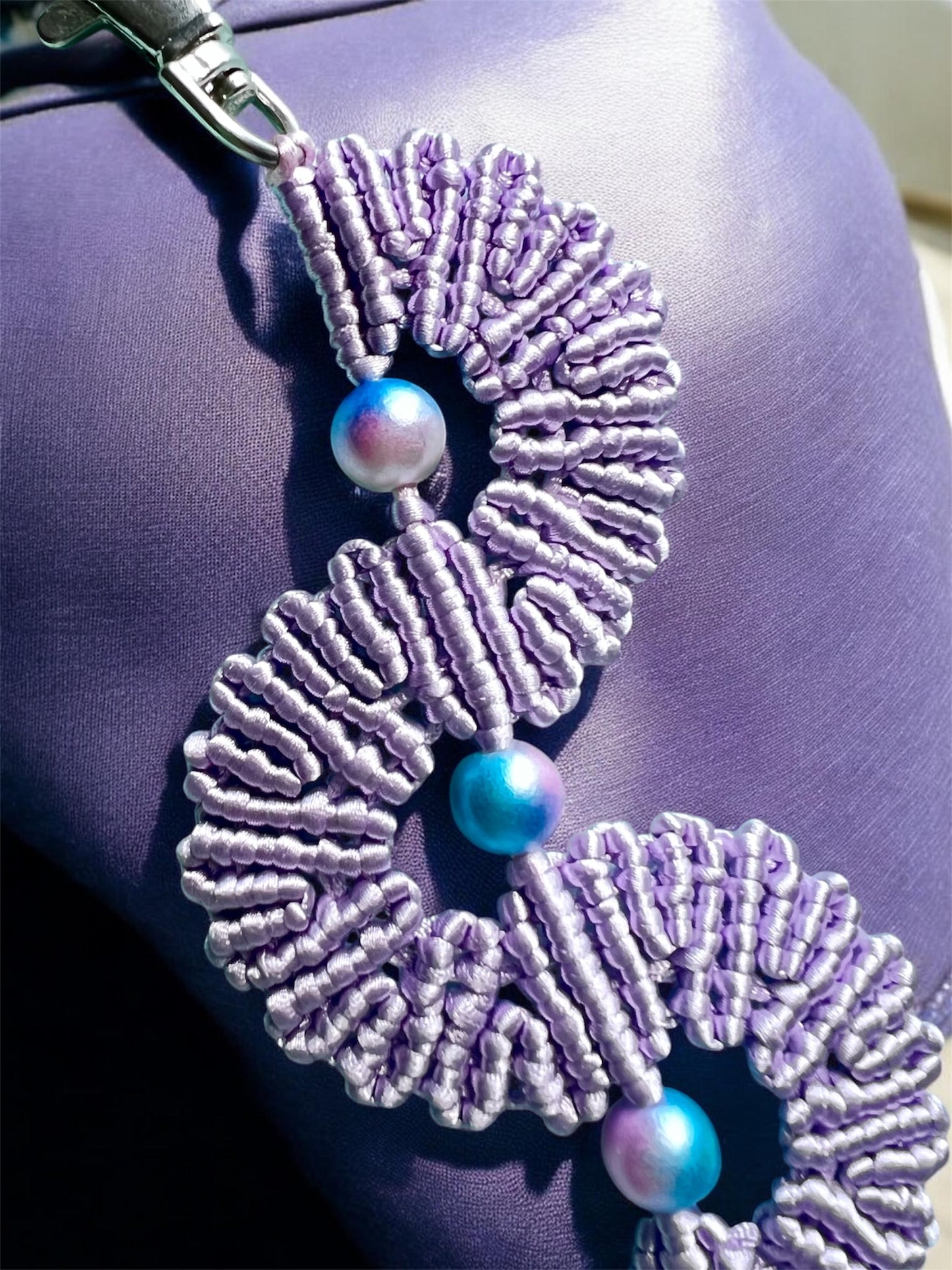 Lilac Macramé Fan Key Ring | Handmade Bag Charm with Iridescent Beads