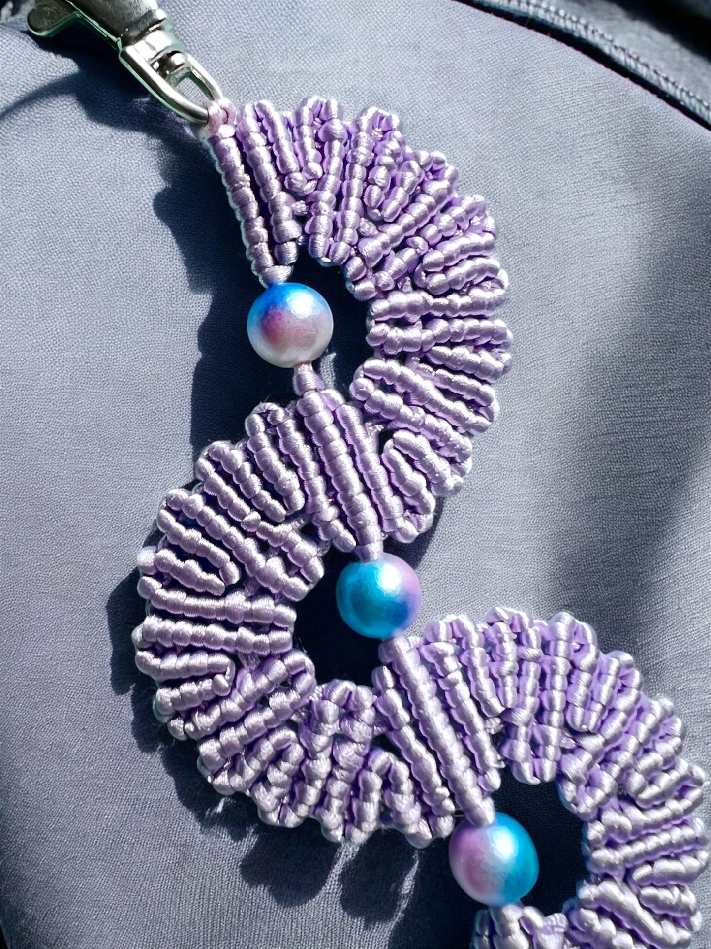 Lilac Macramé Fan Key Ring | Handmade Bag Charm with Iridescent Beads