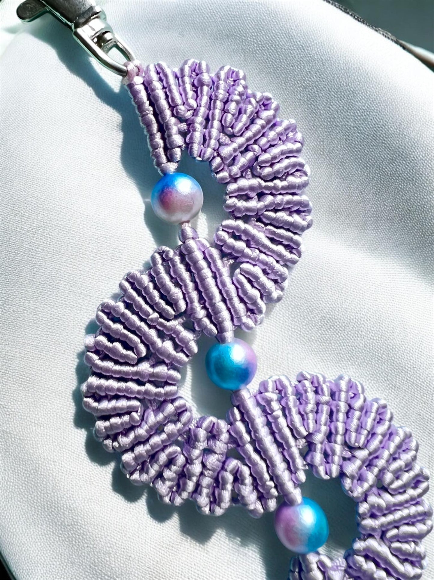 Lilac Macramé Fan Key Ring | Handmade Bag Charm with Iridescent Beads