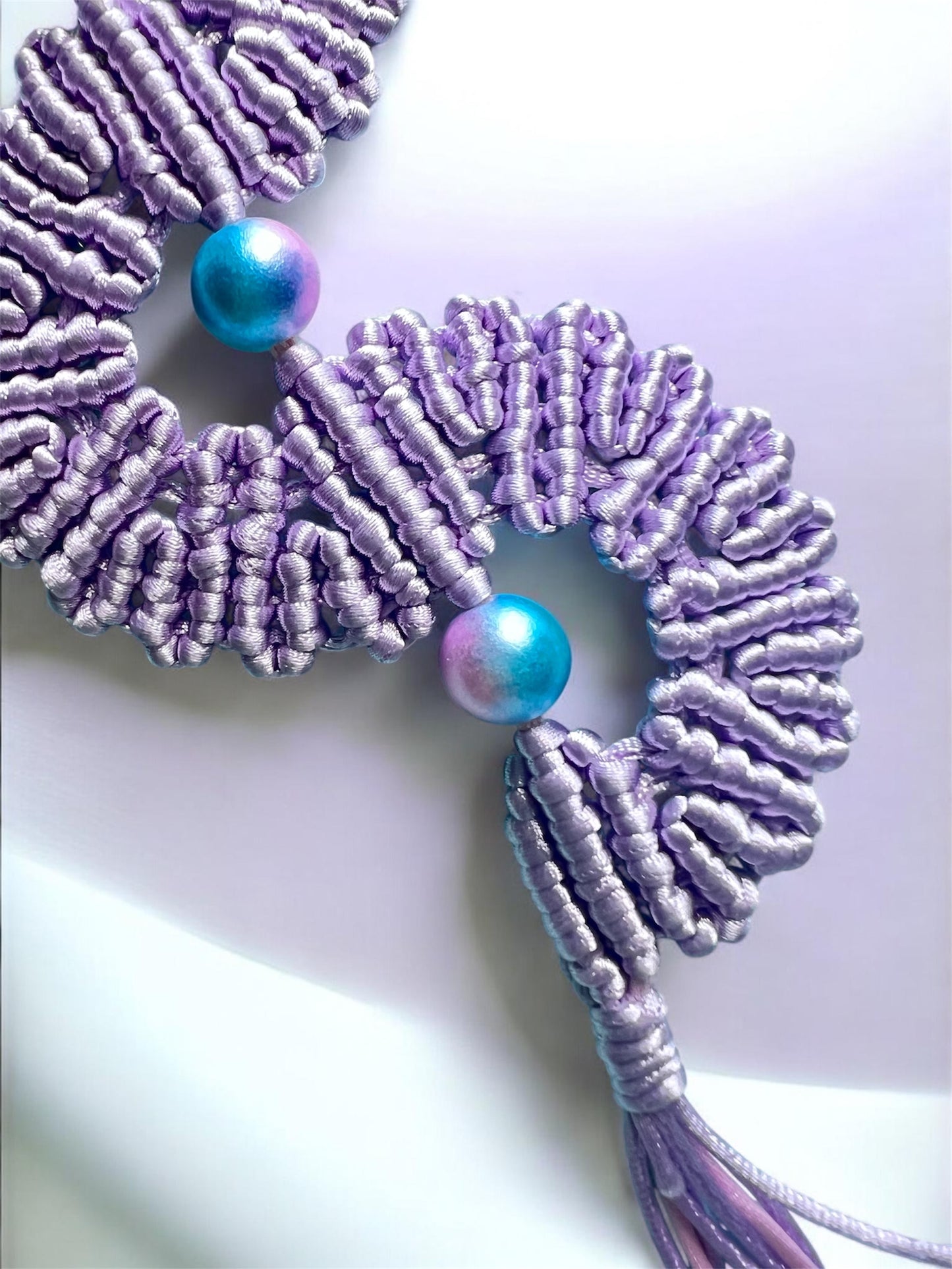 Lilac Macramé Fan Key Ring | Handmade Bag Charm with Iridescent Beads