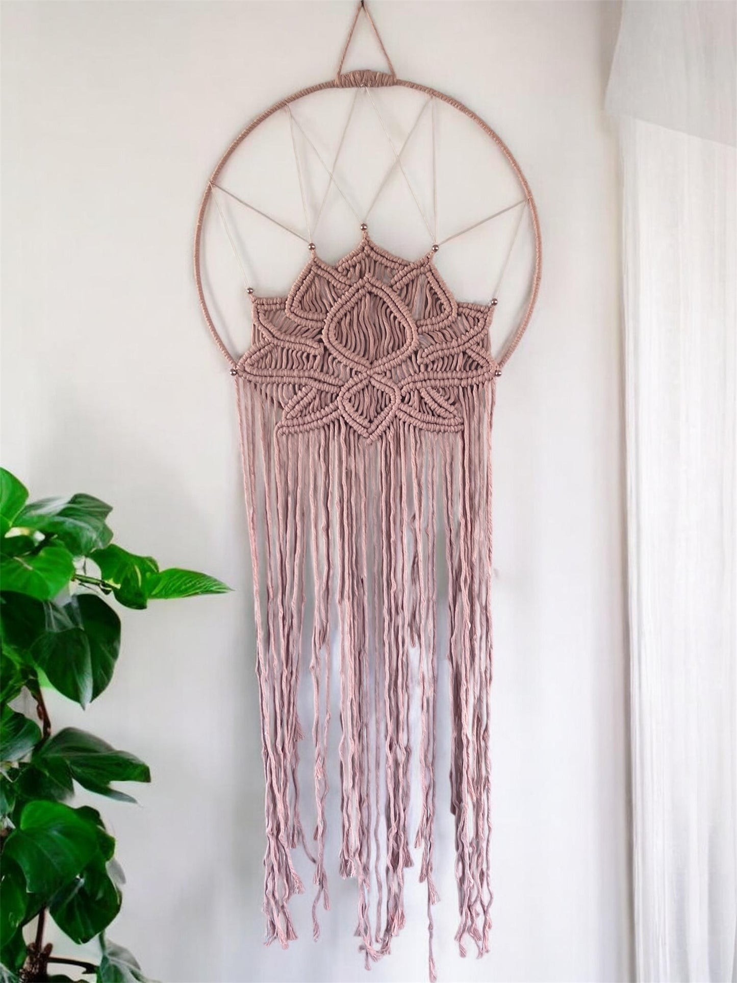 Macramé Lotus Wall Hanging | Large Dusty Rose Boho Wall Art on Covered Silver Ring