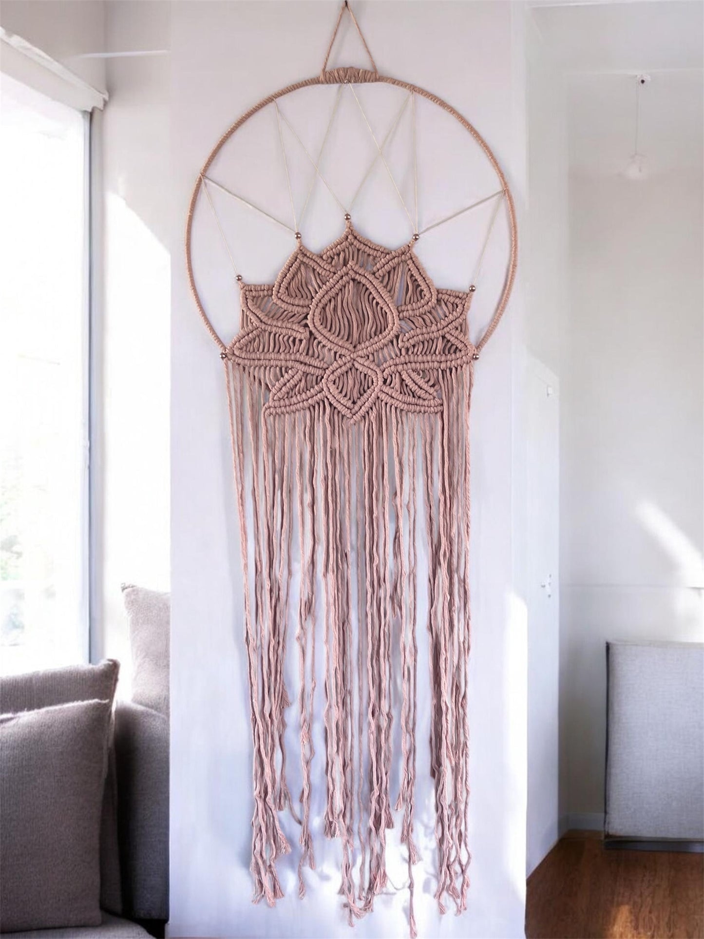 Macramé Lotus Wall Hanging | Large Dusty Rose Boho Wall Art on Covered Silver Ring