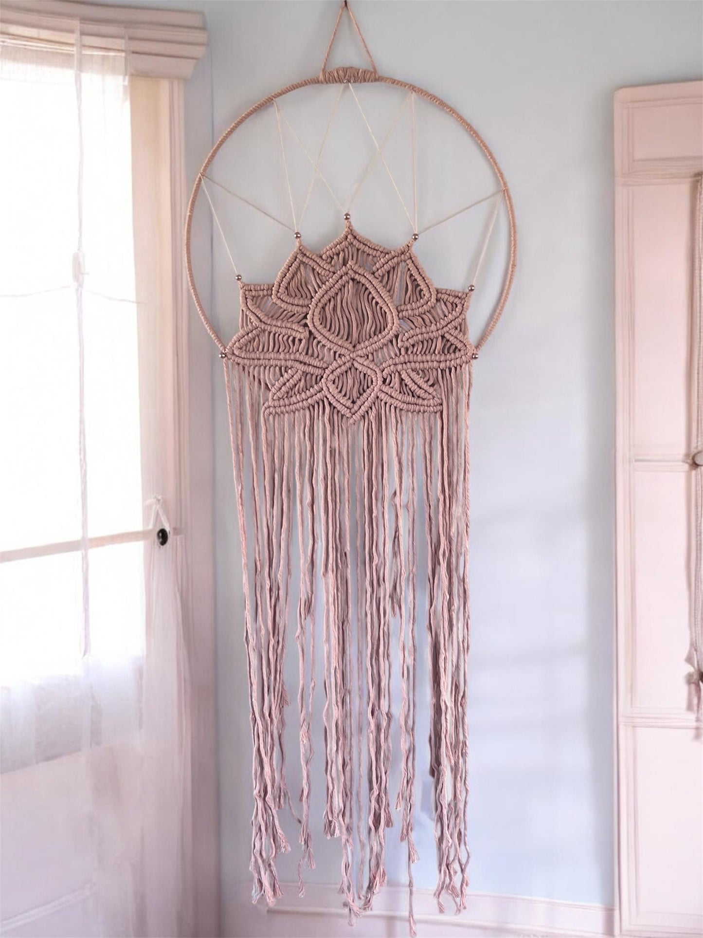 Macramé Lotus Wall Hanging | Large Dusty Rose Boho Wall Art on Covered Silver Ring