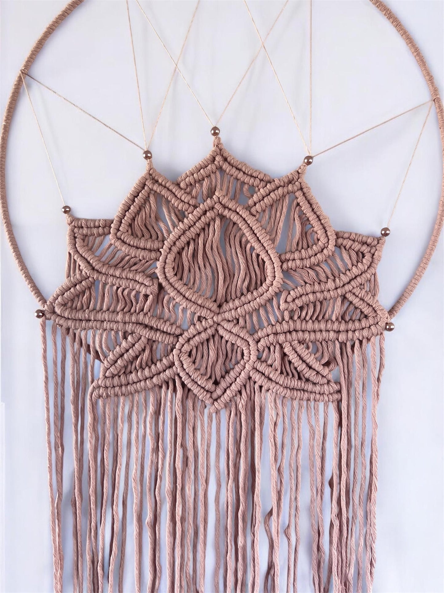 Macramé Lotus Wall Hanging | Large Dusty Rose Boho Wall Art on Covered Silver Ring