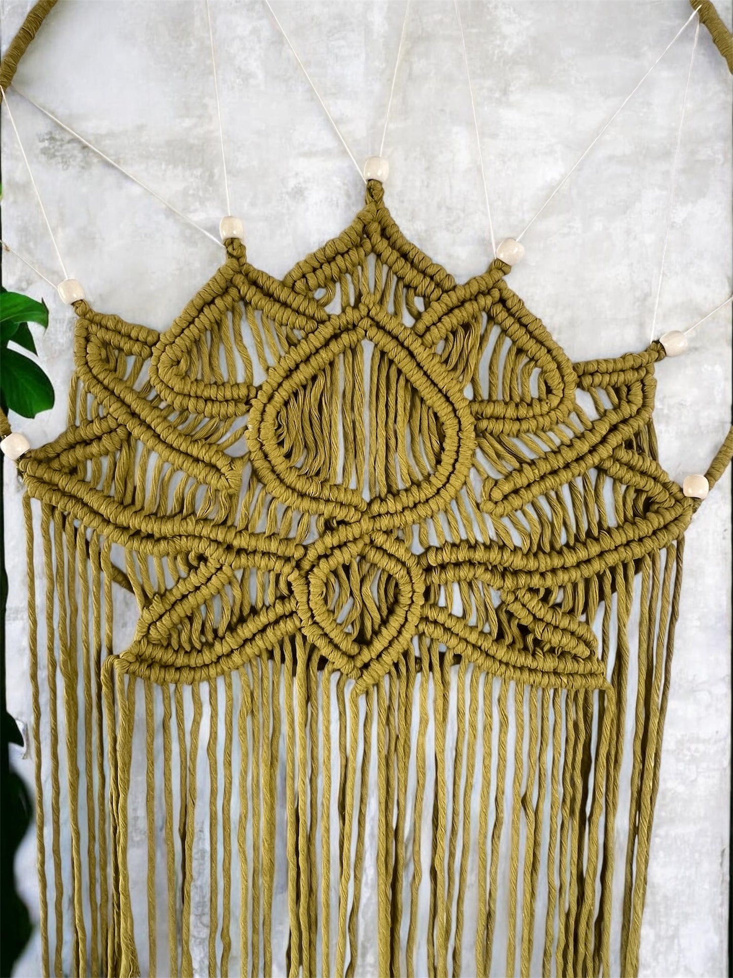 Macramé Lotus Wall Hanging | Large Olive Green Boho Wall Art on Silver Ring