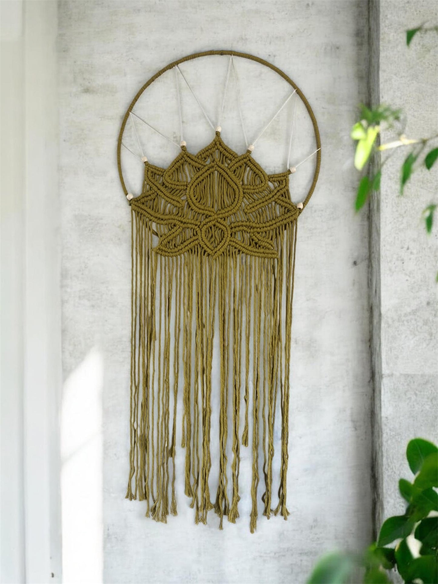Macramé Lotus Wall Hanging | Large Olive Green Boho Wall Art on Silver Ring