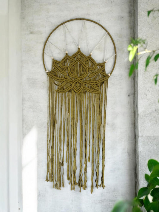 Macramé Lotus Wall Hanging | Large Olive Green Boho Wall Art on Silver Ring