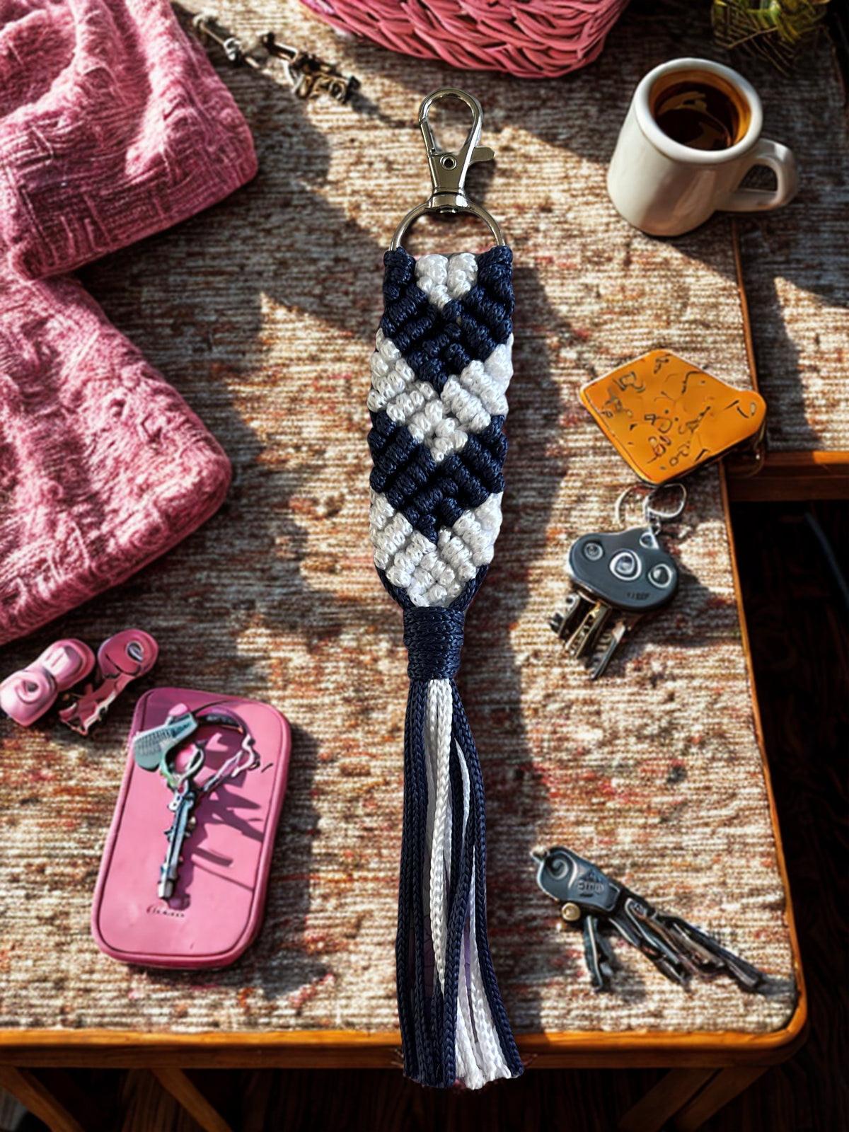 Macrame Arrow Keyring | Navy & White | Handcrafted Boho Bag Charm