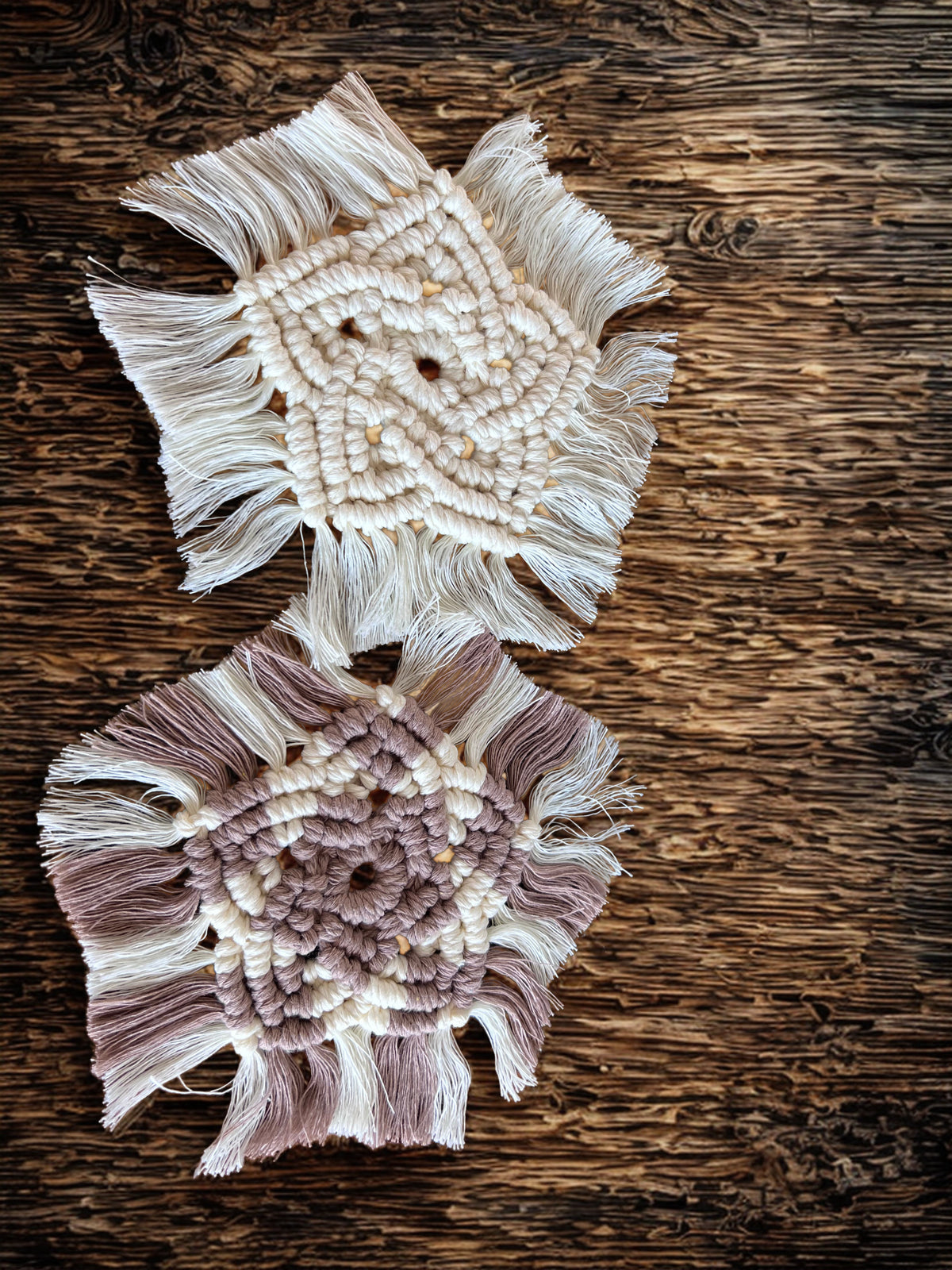Macrame Boho Coaster Set | Cream & Mushroom Brown | Handcrafted Recycled Cotton
