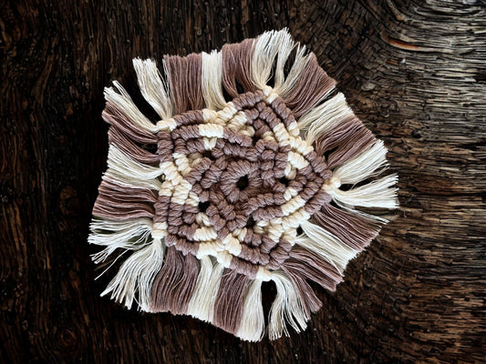 Macrame Boho Coaster Set | Cream & Mushroom Brown | Handcrafted Recycled Cotton