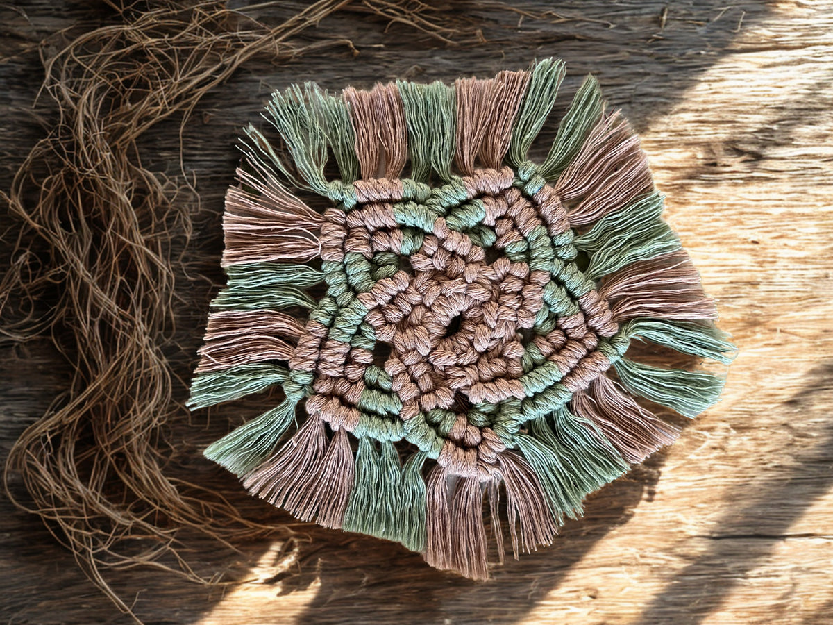 Macrame Boho Coaster Set | Mushroom Brown & Sage | Handcrafted Recycled Cotton