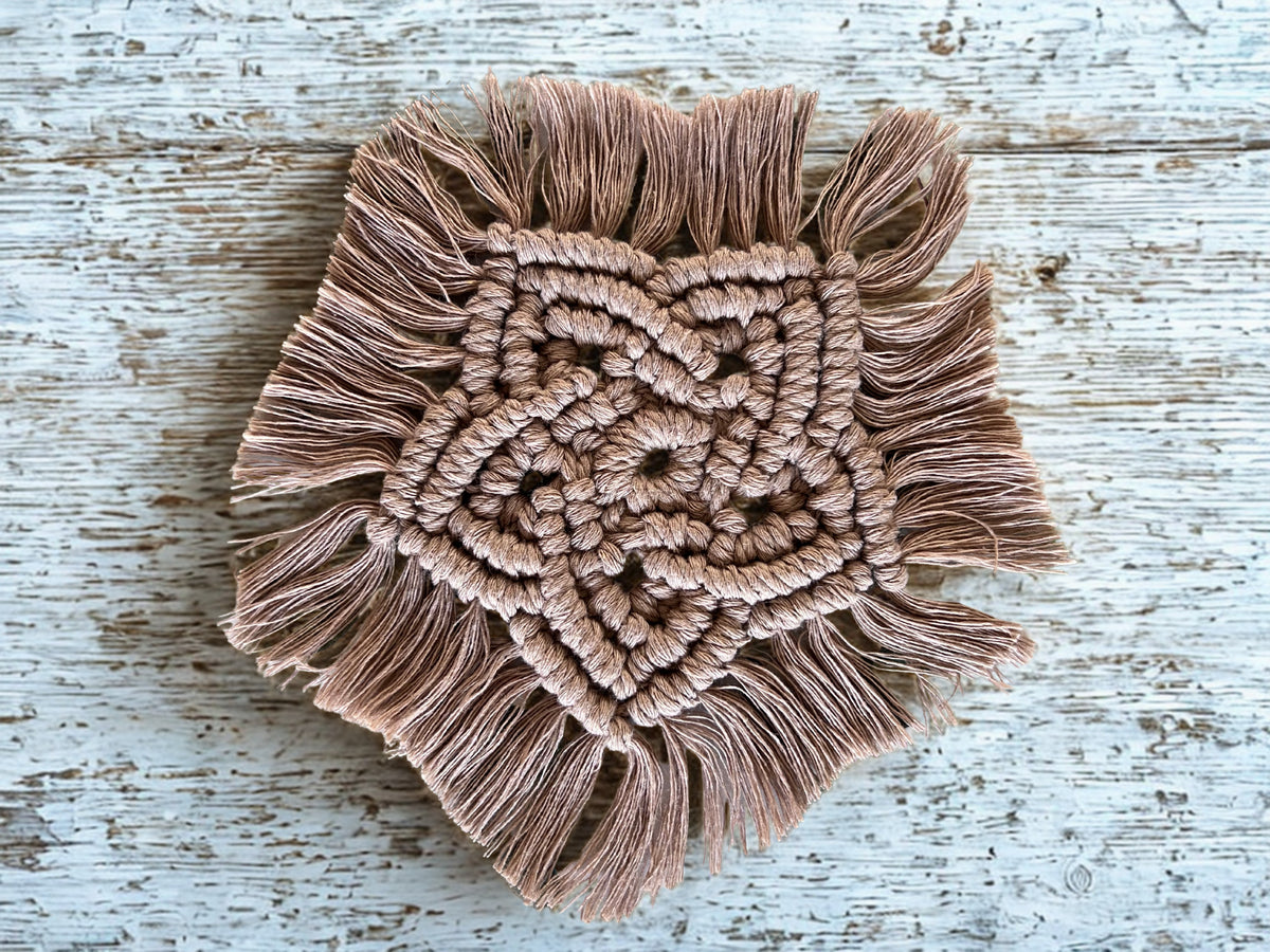 Macrame Boho Coaster Set | Mushroom Brown & Sage | Handcrafted Recycled Cotton