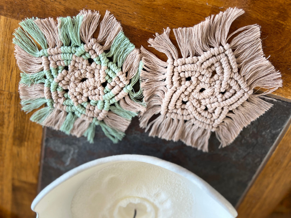 Macrame Boho Coaster Set | Mushroom Brown & Sage | Handcrafted Recycled Cotton