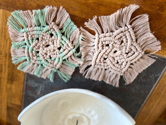Macrame Boho Coaster Set | Mushroom Brown & Sage | Handcrafted Recycled Cotton