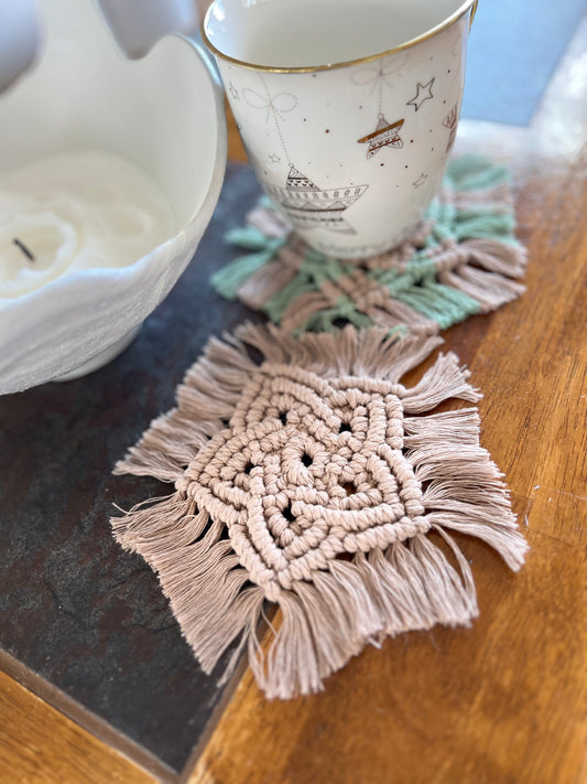 Macrame Boho Coaster Set | Mushroom Brown & Sage | Handcrafted Recycled Cotton
